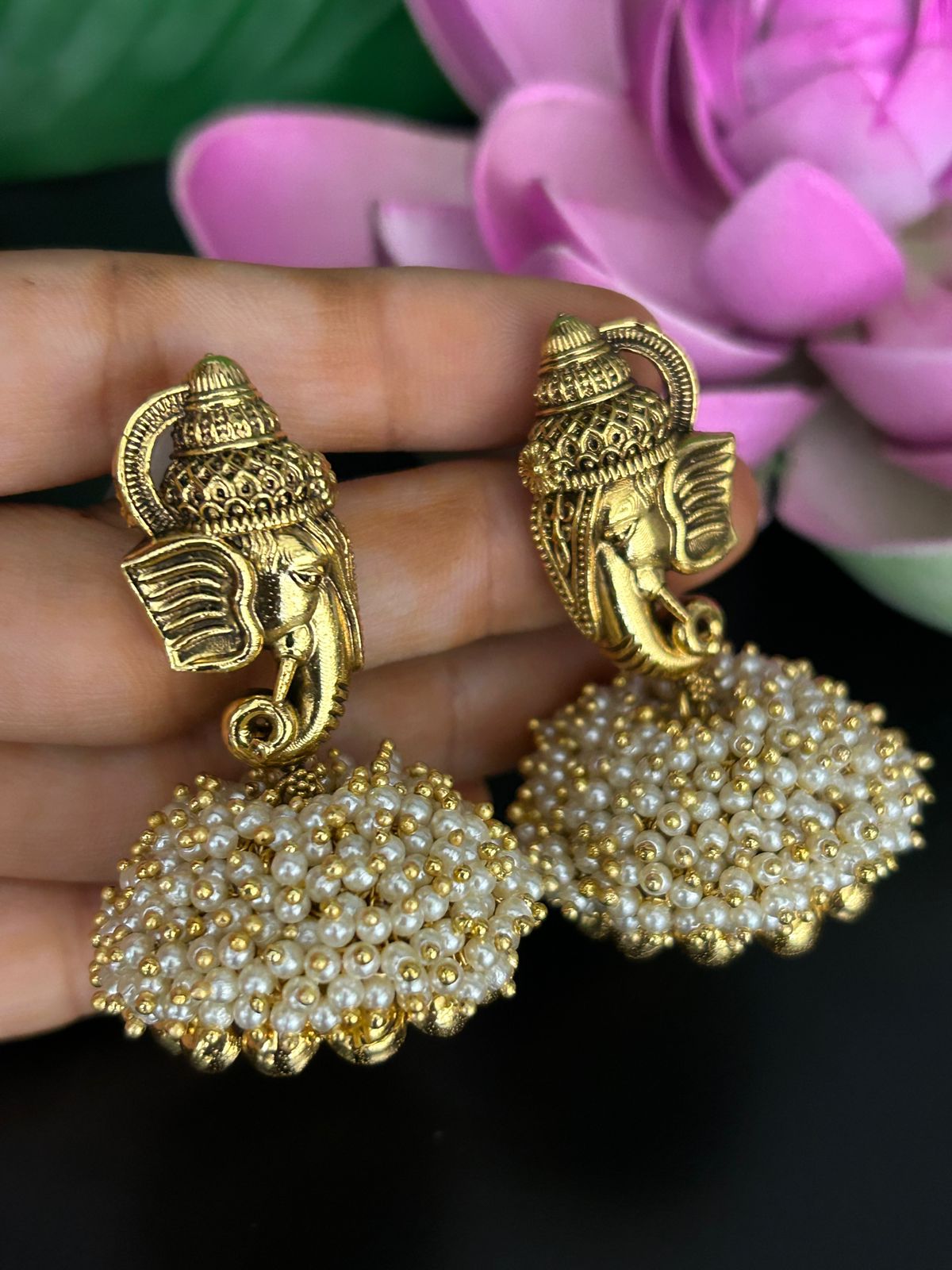 Ganesha Pearl Cluster Jhumka Earrings